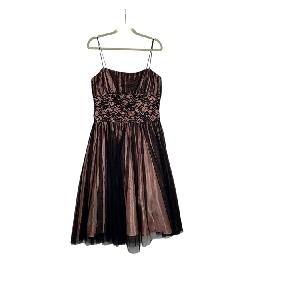 Betsy & Adam Black Lace Tulle Pink Overlay Fit Flare Midi Cocktail Dress | 14